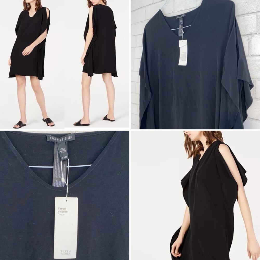 New $278 Eileen Fisher Tencel Flutter Sleeve Black V Neck Caftan Dress XS NWT
